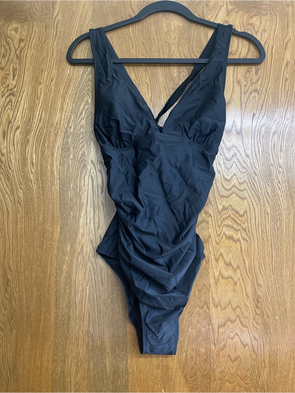 Medium Black One-Piece Swimsuit v-neck shirred beach minimalist